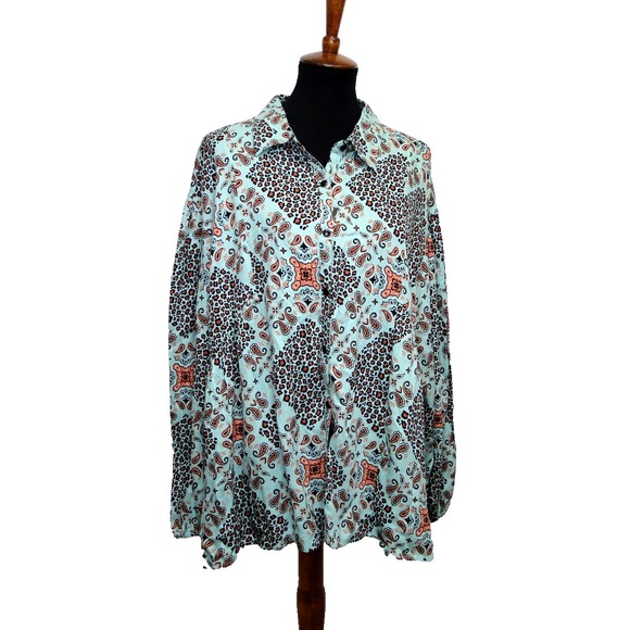 Wrangler Retro Pearl Snap Button Up Shirt Womens XXL Green Teal Paisley NWT - Picture 1 of 8